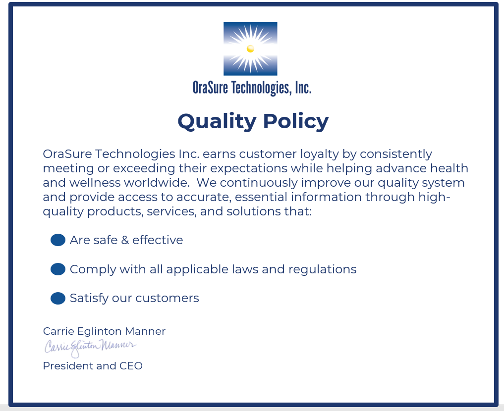 OraSure Technologies Quality Policy